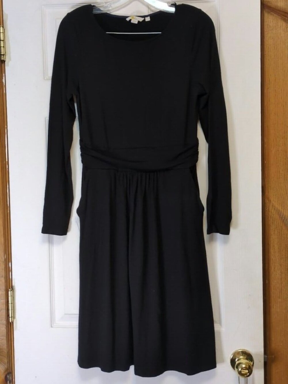Boden Amelie Black Jersey Dress Sz 12 Long Sleeve Ruched Waist Cotton Minimalist